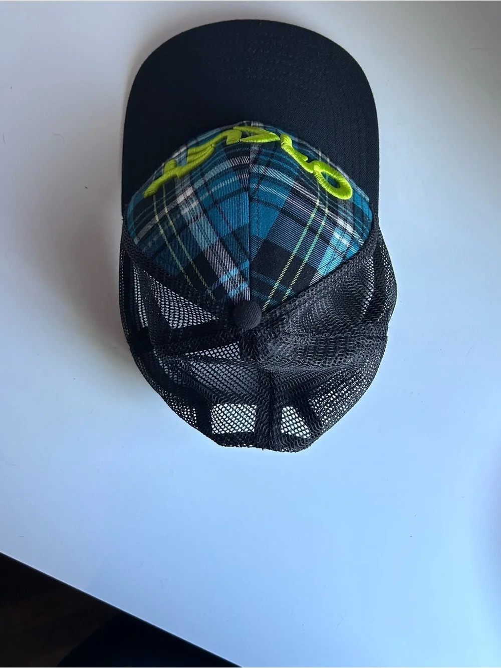 Oakley Blue Plaid Trucker Hat with Neon Green Logo